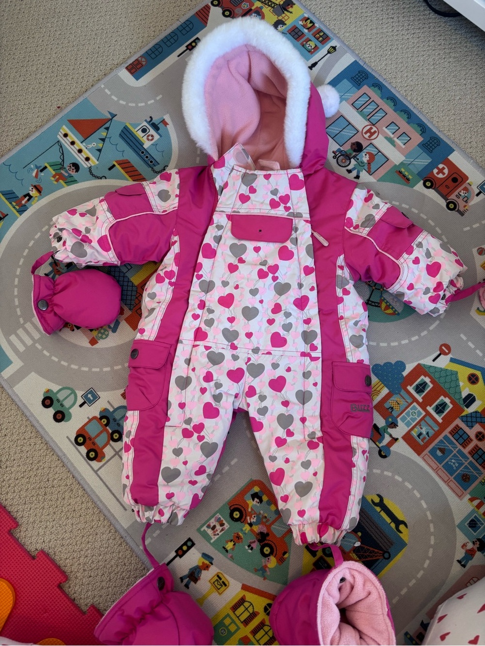 Kids Heart-Print Pink Snowsuit with Hood